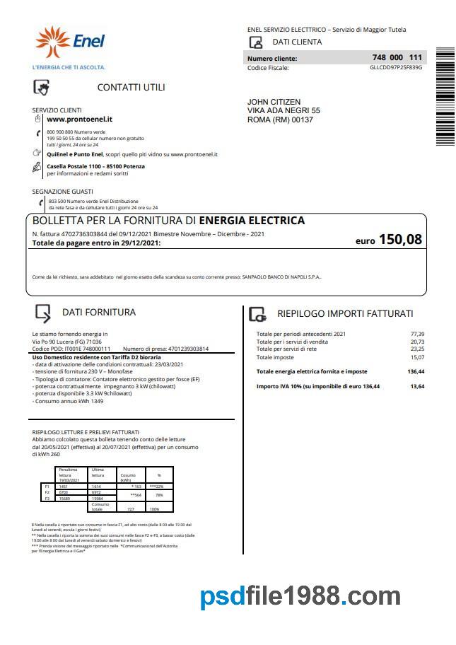 Italy Enel Electricity Utility Bill